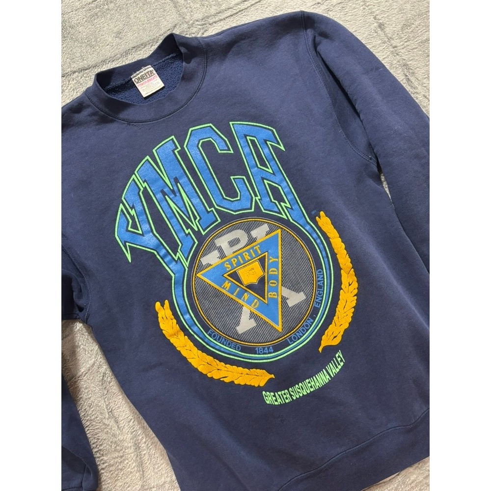 Vintage YMCA Crewneck Sweatshirt Oneita Power Sweats USA Blue Graphic L